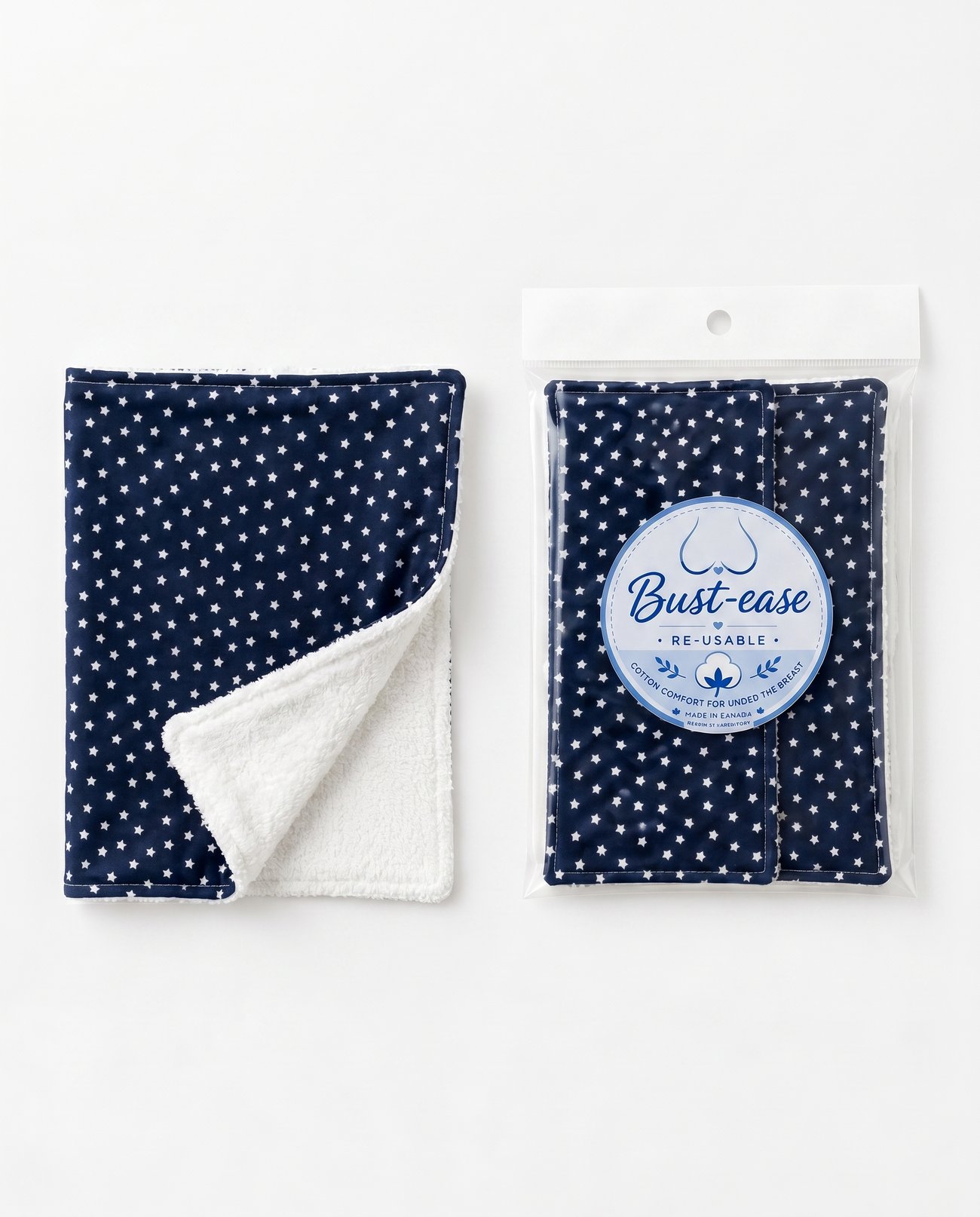 Bust-ease navy star cloth unpackaged showing the terry backing, beside its package