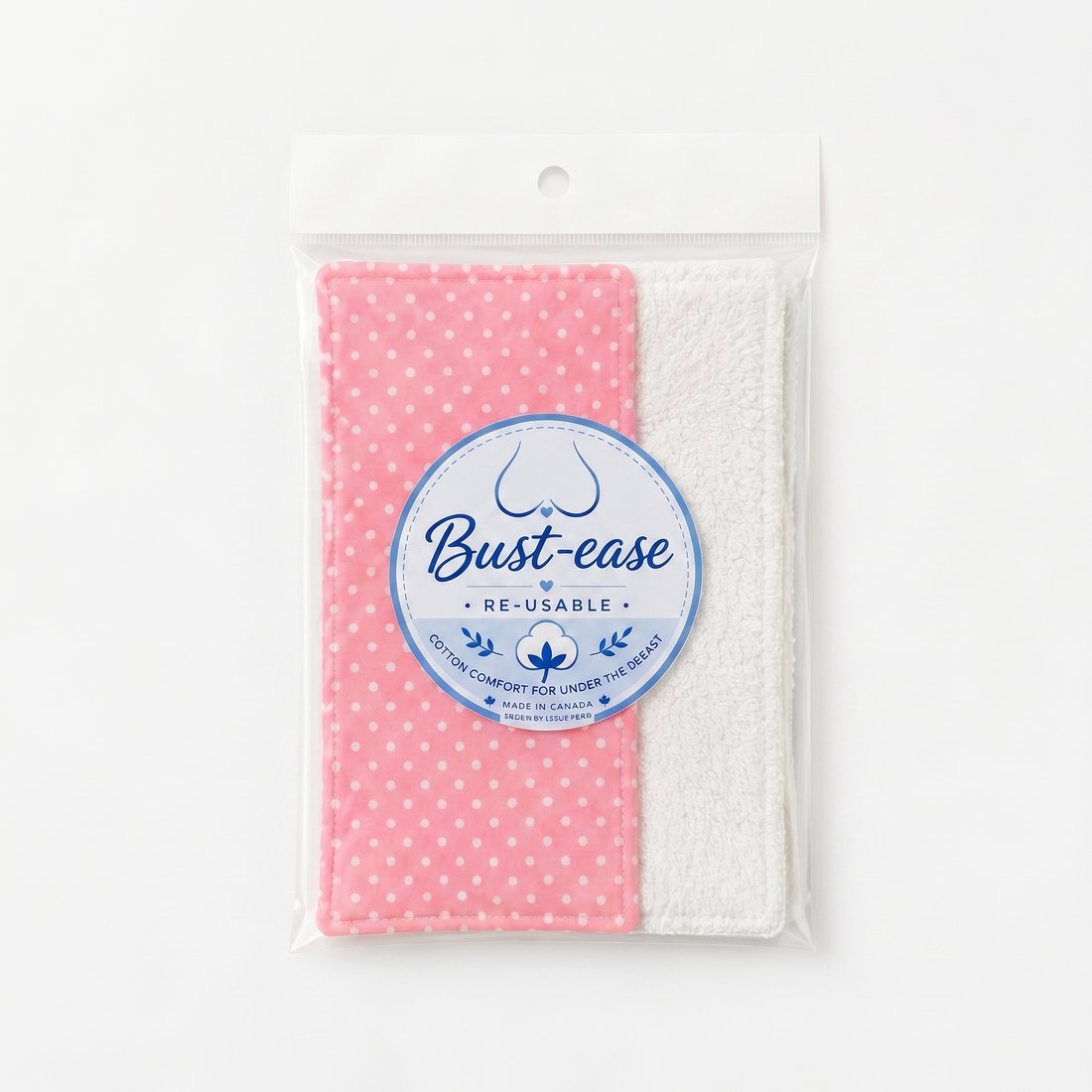 Bust-ease pink polka-dot cotton comfort cloth in its package