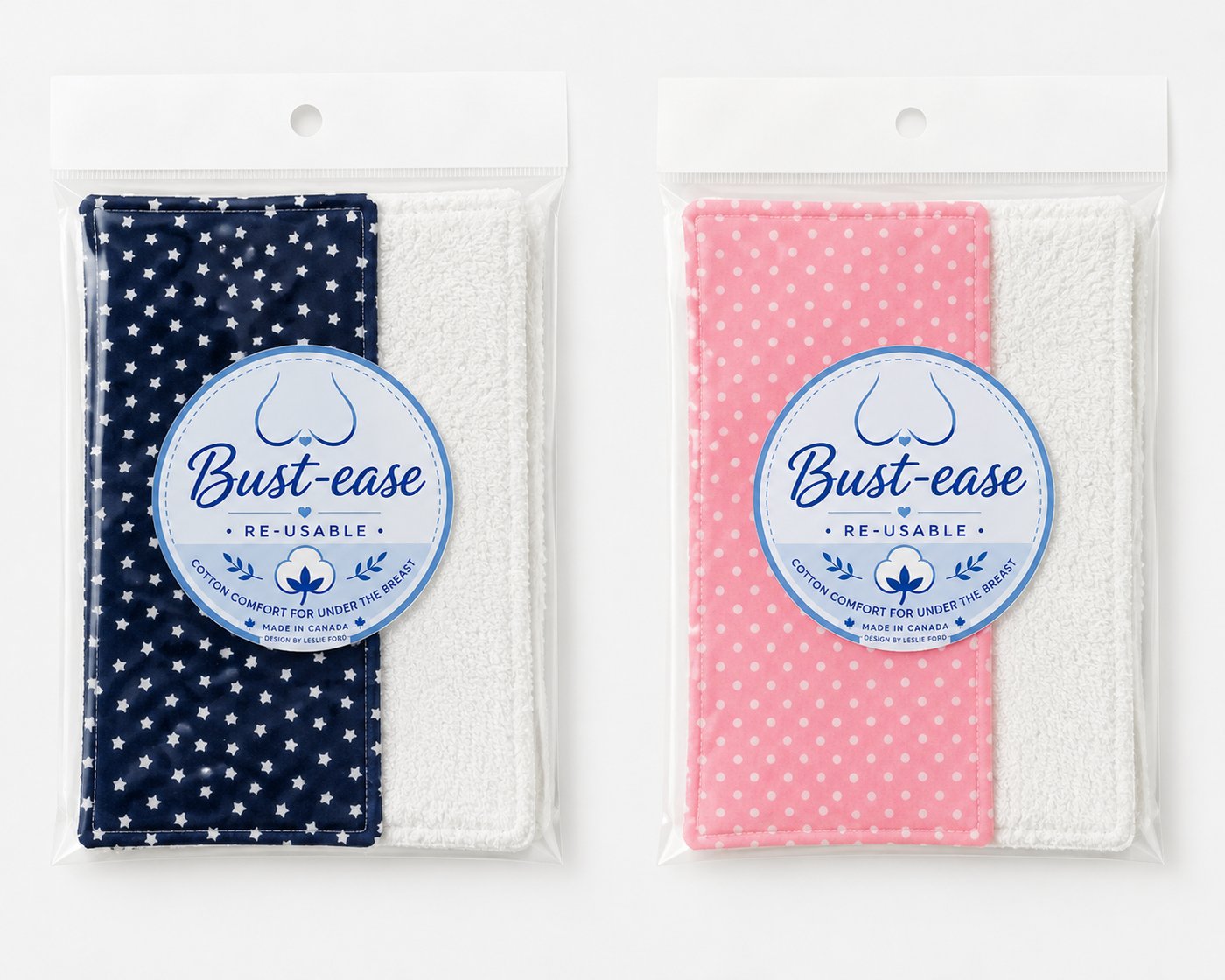 Bust-ease cotton comfort cloths in navy star and pink dot, in their packaging